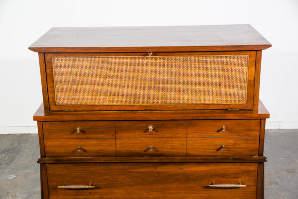 Mid Century Modern Dresser Highboy Tall Atomic Vintage Walnut Brass United Cane United Furniture Kent Coffey - Image 4