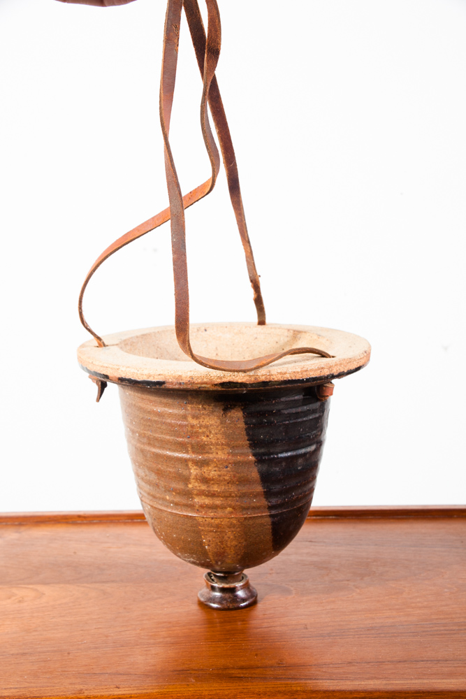 Mid Century Modern Studio Pottery Planter Hanging Fire Glaze David Cressey Robert Maxwell Leather Mcm - Image 2