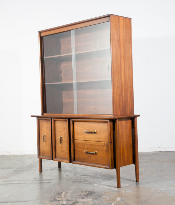 Mid Century Modern China Cabinet Hutch Bassett Cane Display Vintage Floating Legs Glass Doors