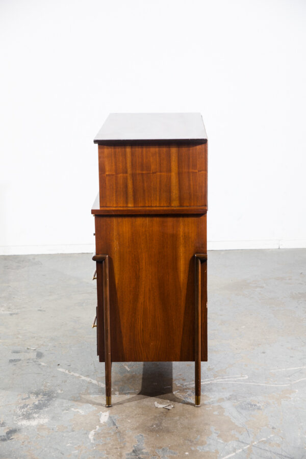Mid Century Modern Dresser Highboy Tall Atomic Vintage Walnut Brass United Cane United Furniture Kent Coffey - Image 6