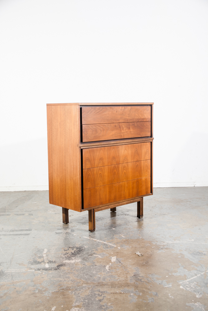 Mid Century Modern Highboy Dresser Walnut LA Period furniture 5 Drawer Chest Mcm Vintage Minimalist Design - Image 8