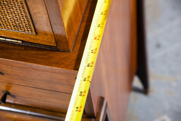 Mid Century Modern Dresser Highboy Tall Atomic Vintage Walnut Brass United Cane United Furniture Kent Coffey - Image 9