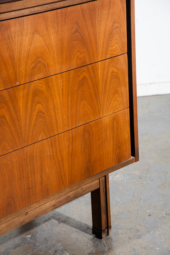 Mid Century Modern Highboy Dresser Walnut LA Period furniture 5 Drawer Chest Mcm Vintage Minimalist Design - Image 11