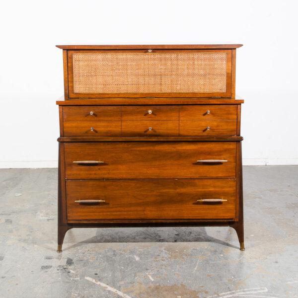 Mid Century Modern Dresser Highboy Tall Atomic Vintage Walnut Brass United Cane United Furniture Kent Coffey - Image 2