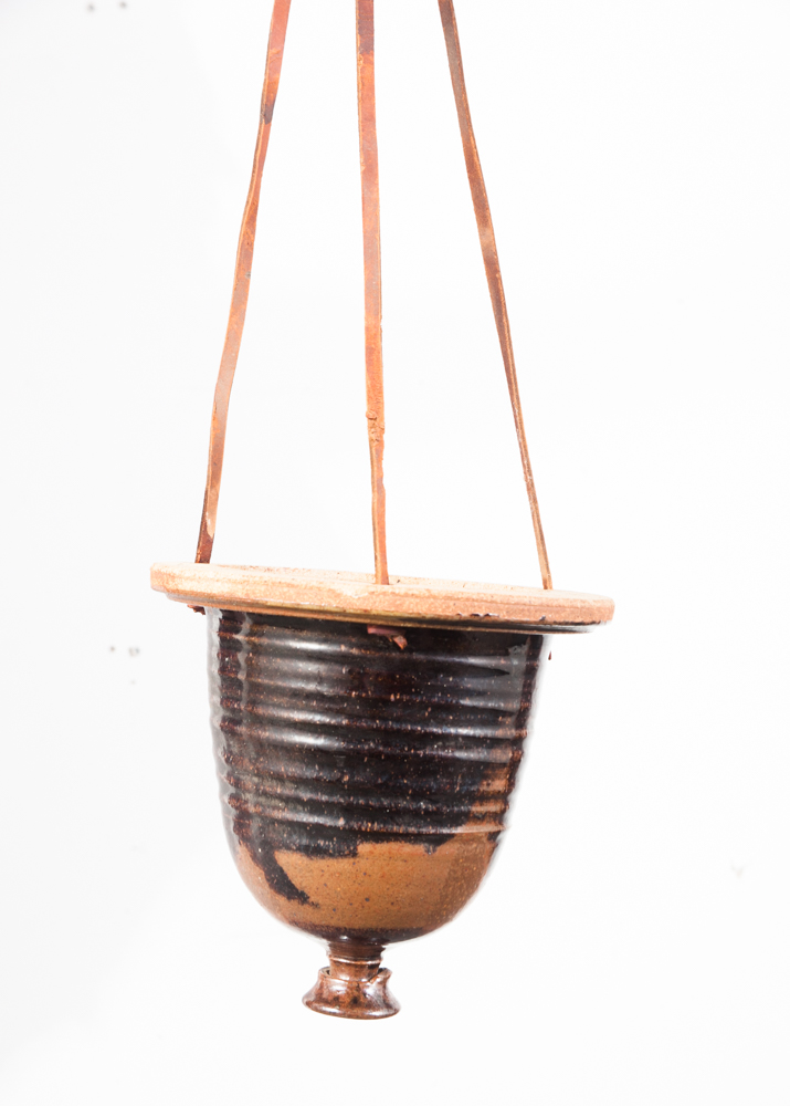 Mid Century Modern Studio Pottery Planter Hanging Fire Glaze David Cressey Robert Maxwell Leather Mcm