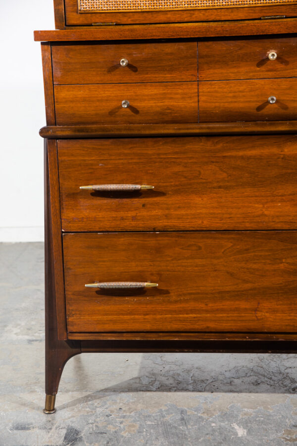 Mid Century Modern Dresser Highboy Tall Atomic Vintage Walnut Brass United Cane United Furniture Kent Coffey - Image 5