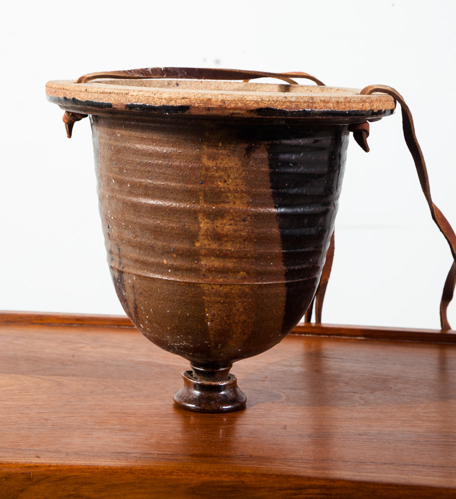 Mid Century Modern Studio Pottery Planter Hanging Fire Glaze David Cressey Robert Maxwell Leather Mcm - Image 3