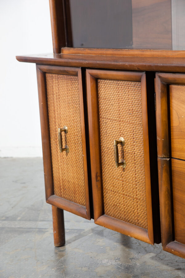 Mid Century Modern China Cabinet Hutch Bassett Cane Display Vintage Floating Legs Glass Doors - Image 5