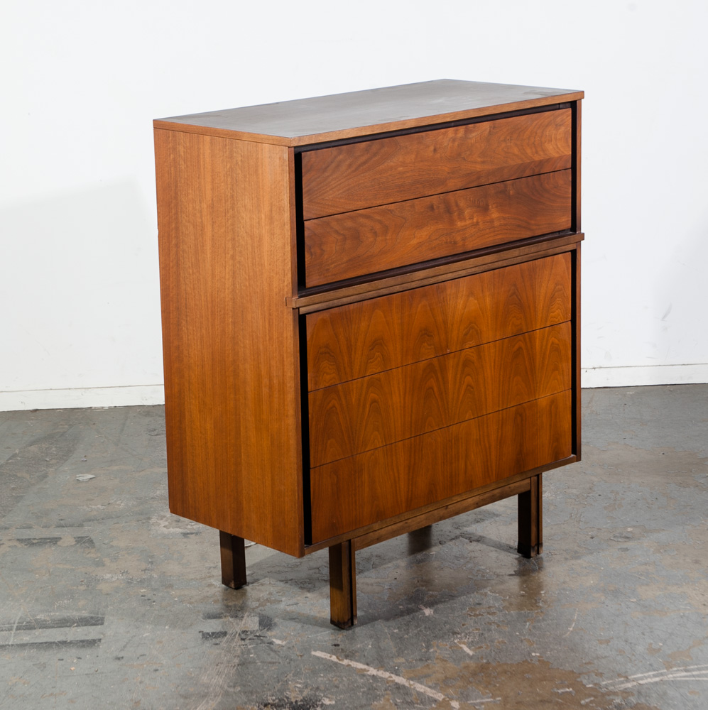 Mid Century Modern Highboy Dresser Walnut LA Period furniture 5 Drawer Chest Mcm Vintage Minimalist Design - Image 7