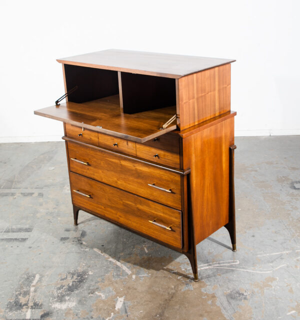 Mid Century Modern Dresser Highboy Tall Atomic Vintage Walnut Brass United Cane United Furniture Kent Coffey - Image 3