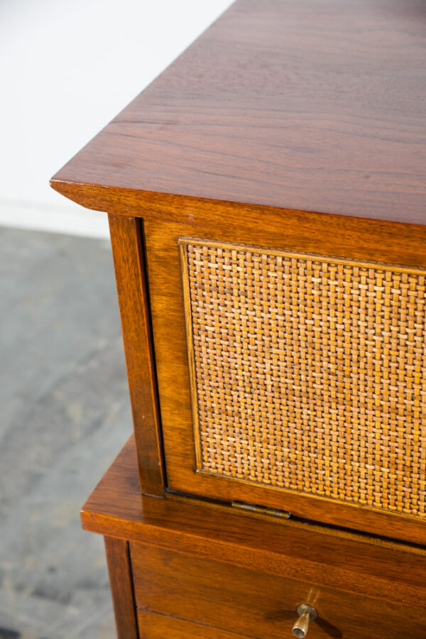 Mid Century Modern Dresser Highboy Tall Atomic Vintage Walnut Brass United Cane United Furniture Kent Coffey - Image 8