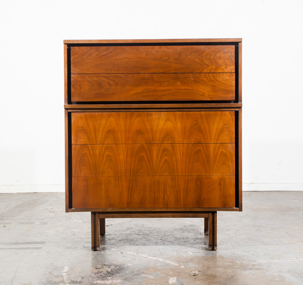 Mid Century Modern Highboy Dresser Walnut LA Period furniture 5 Drawer Chest Mcm Vintage Minimalist Design - Image 2