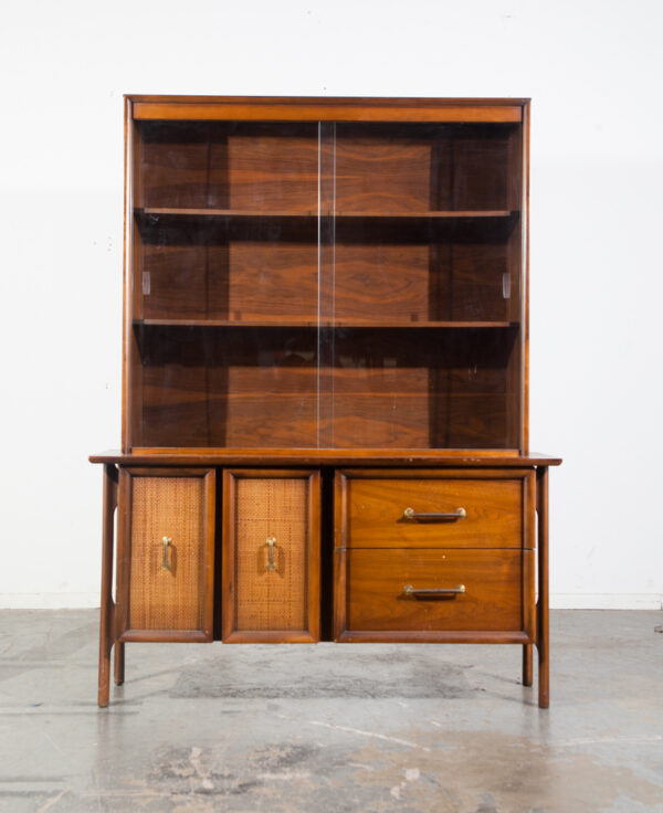 Mid Century Modern China Cabinet Hutch Bassett Cane Display Vintage Floating Legs Glass Doors - Image 2