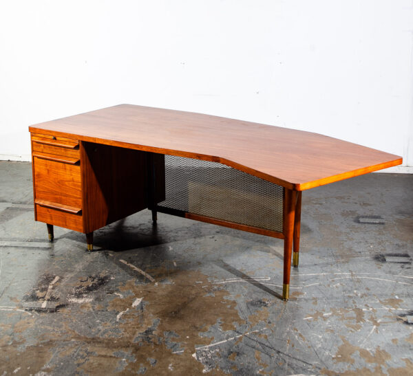 Mid Century Modern Desk Executive Office Stow Davis Boomerang Large Walnut Mcm Wood