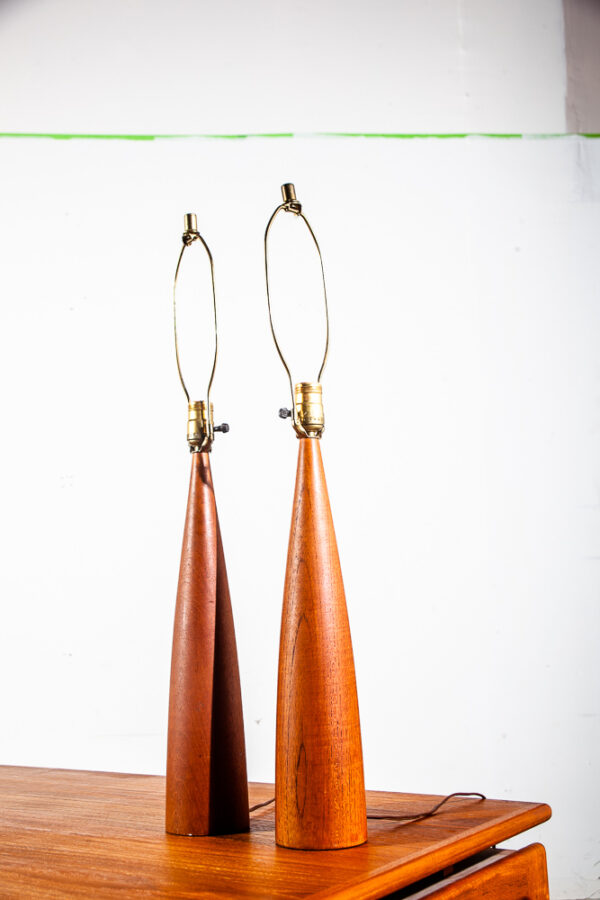 Mid Century Danish Modern Lamp Set Table Light lighting Teak D.T Kunst Denmark Vintage Sculpted Wood - Image 3