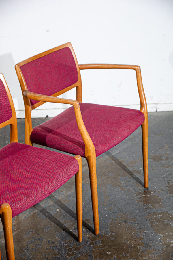 Mid Century Danish Modern Dining Chairs Set of 4 Niels J.L Moller #80 Solid Oak Red Arms Captains - Image 6