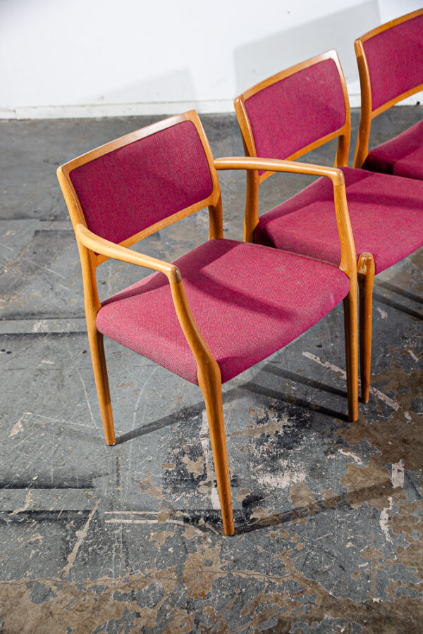 Mid Century Danish Modern Dining Chairs Set of 4 Niels J.L Moller #80 Solid Oak Red Arms Captains - Image 5