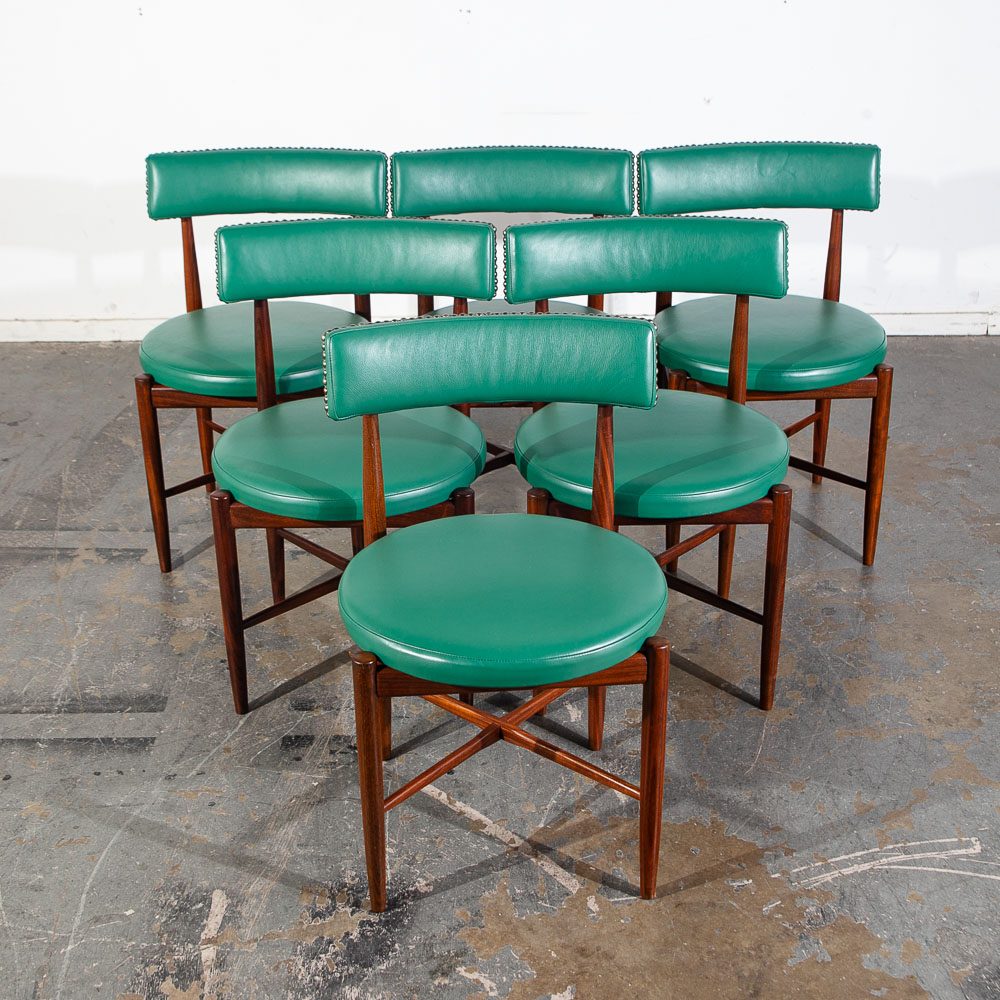 Mid Century Danish Modern Dining Chairs Set 6 G plan Solid Teak Victor Wilkins Leather Turquoise Green