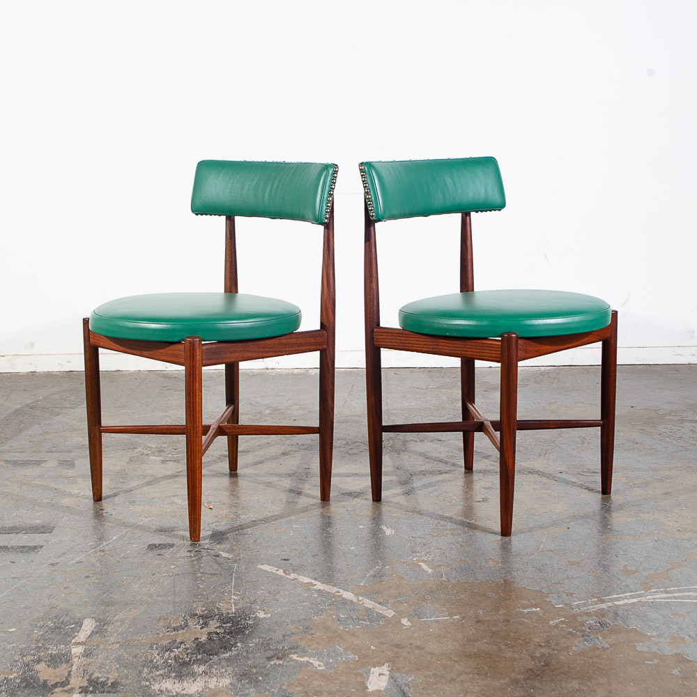 Mid Century Danish Modern Dining Chairs Set 6 G plan Solid Teak Victor Wilkins Leather Turquoise Green - Image 4