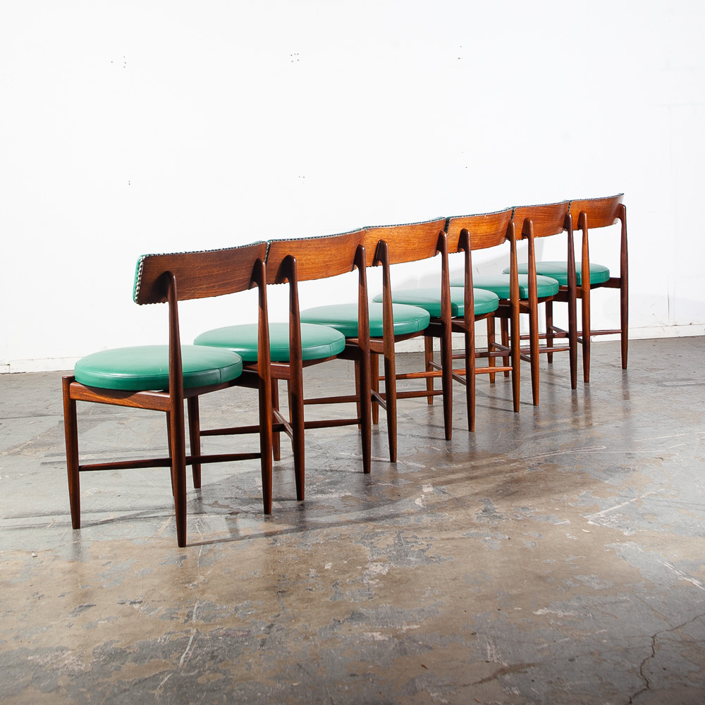 Mid Century Danish Modern Dining Chairs Set 6 G plan Solid Teak Victor Wilkins Leather Turquoise Green - Image 3
