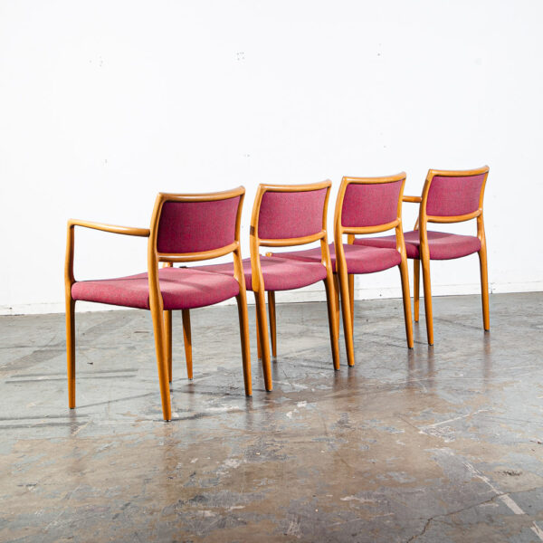 Mid Century Danish Modern Dining Chairs Set of 4 Niels J.L Moller #80 Solid Oak Red Arms Captains - Image 2