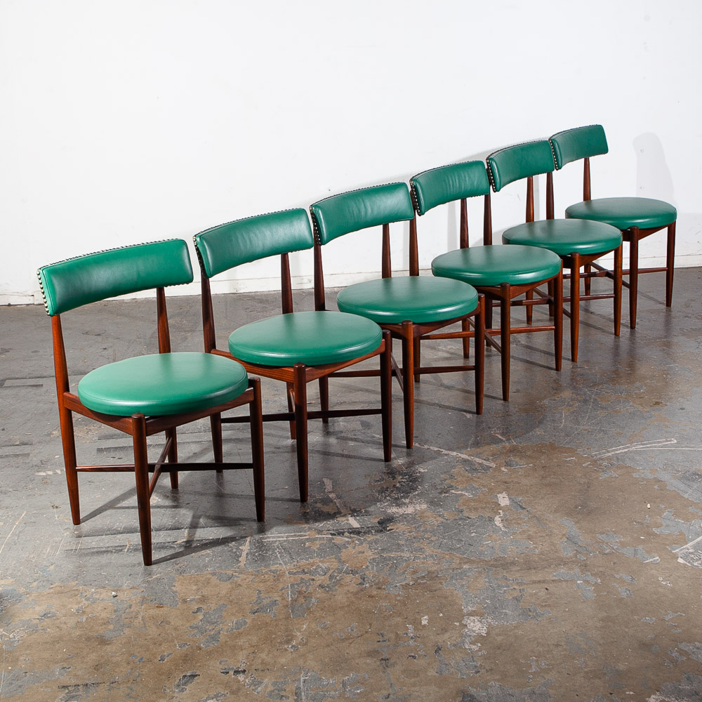 Mid Century Danish Modern Dining Chairs Set 6 G plan Solid Teak Victor Wilkins Leather Turquoise Green - Image 2