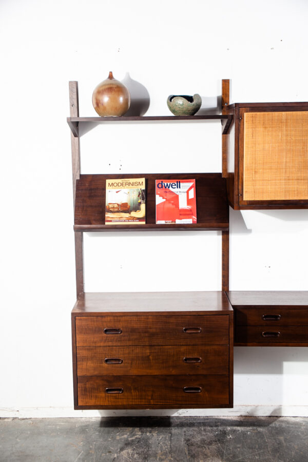Mid Century Modern Wall Unit Walnut 2 Bay Modular Cabinet Danish Shelving Mcm Vintage Magazine Rack - Image 5