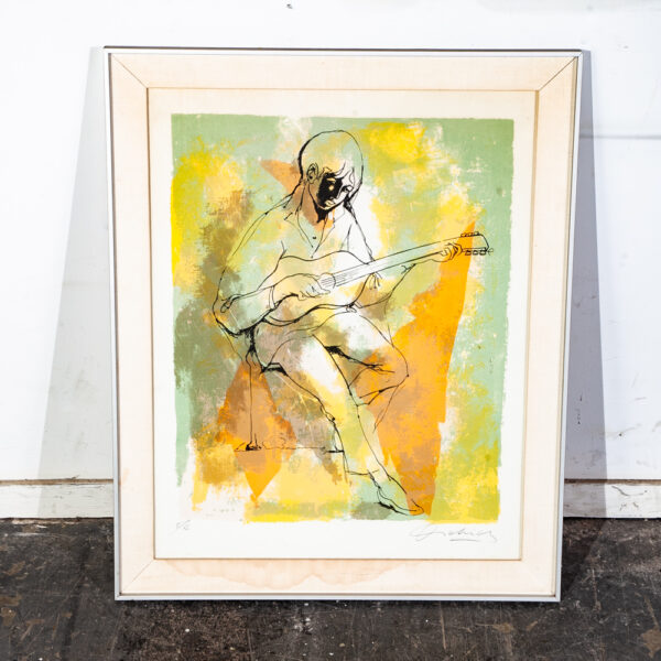 Mid Century Modern Art Print Artist Proof Abstract Musician Yellow Orange Signed