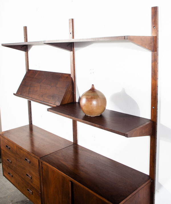 Mid Century Modern Wall Unit Walnut 2 Bay Modular Cabinet Danish Shelving Mcm Vintage Magazine Rack - Image 11