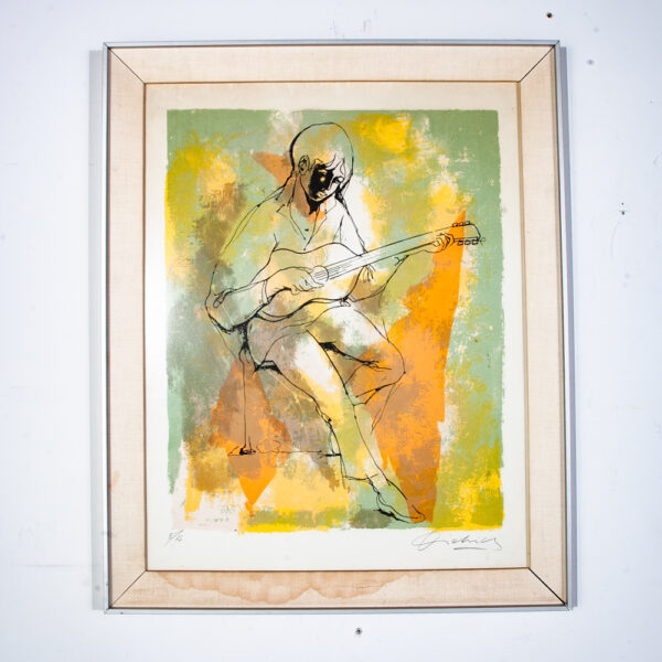 Mid Century Modern Art Print Artist Proof Abstract Musician Yellow Orange Signed - Image 2