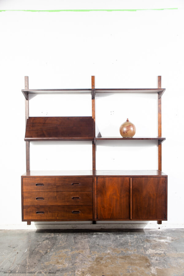 Mid Century Modern Wall Unit Walnut 2 Bay Modular Cabinet Danish Shelving Mcm Vintage Magazine Rack - Image 7