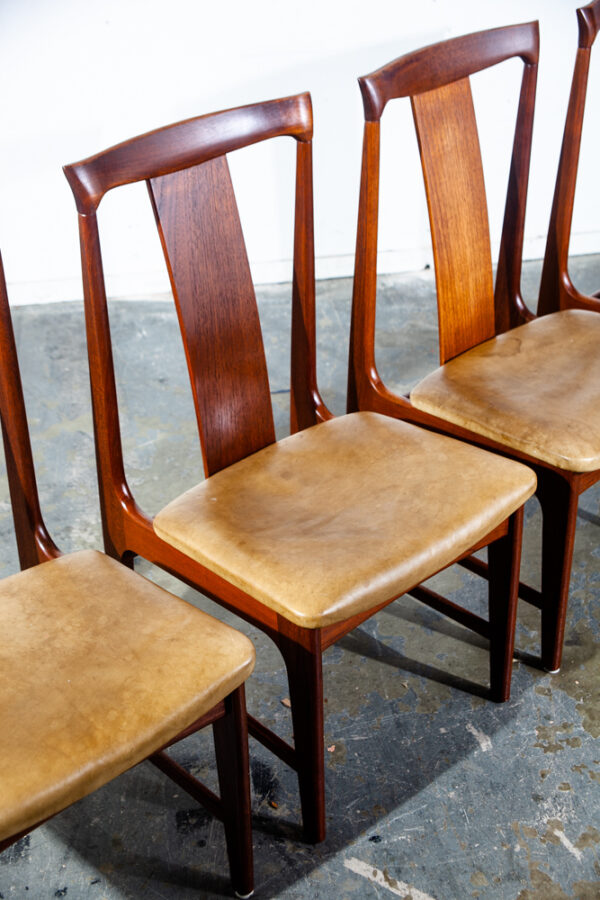Mid Century Danish Modern Dining Chairs Set 4 Leather Solid Teak Japanese Tan VG - Image 6