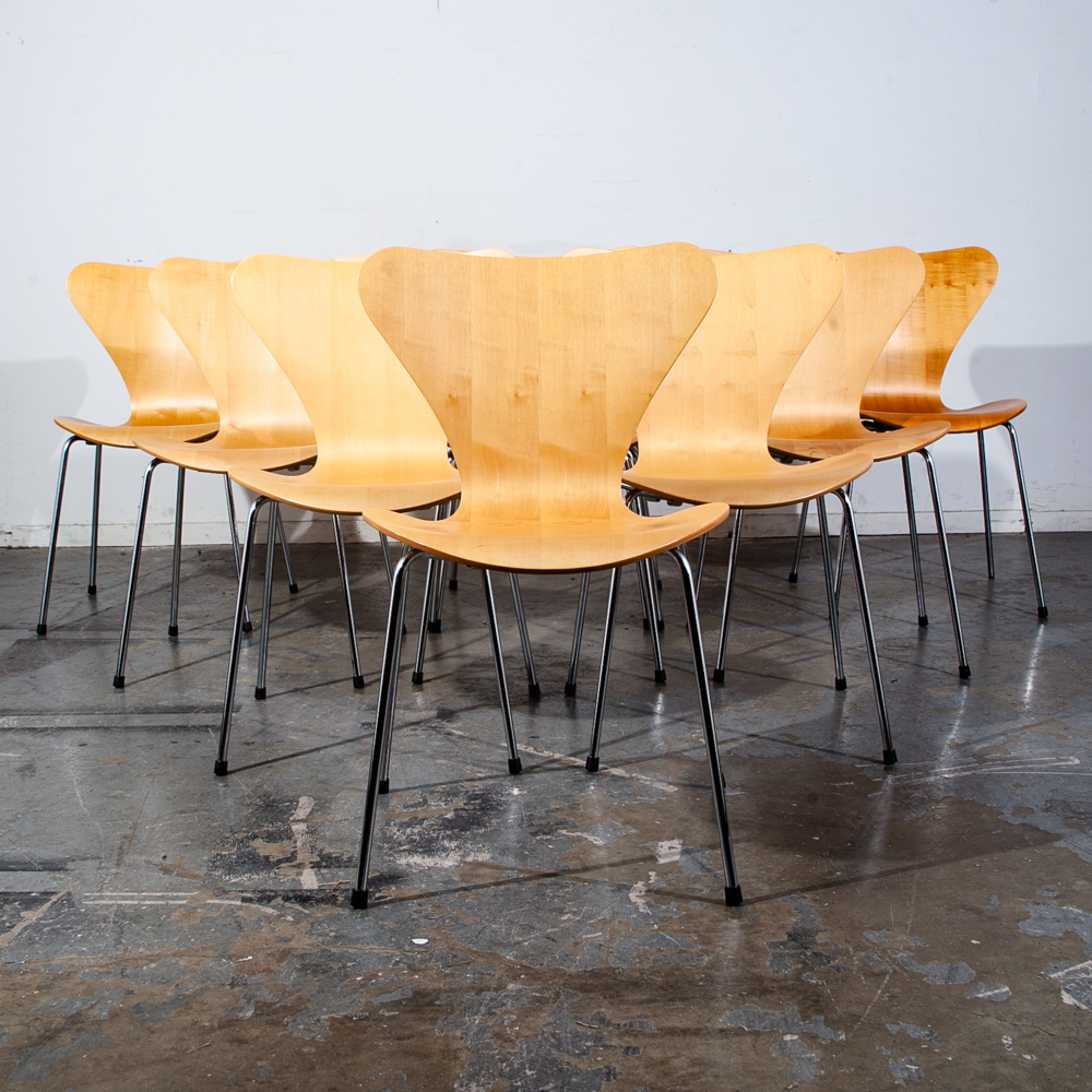 Mid Century Modern Chair Set 8 Dining Arne Jacobsen Fritz Hansen Series 7 3107 Maple Wood Chrome