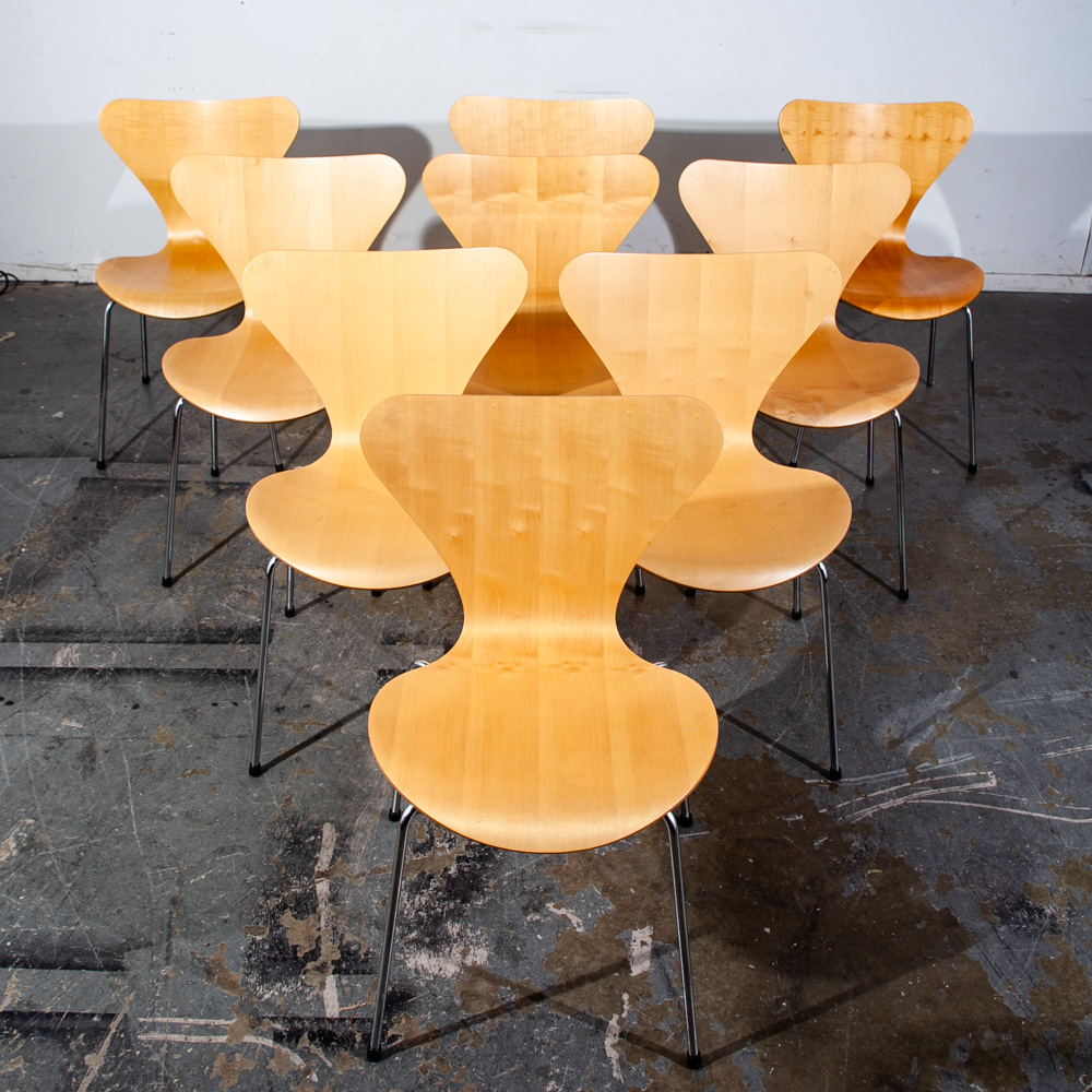 Mid Century Modern Chair Set 8 Dining Arne Jacobsen Fritz Hansen Series 7 3107 Maple Wood Chrome - Image 3