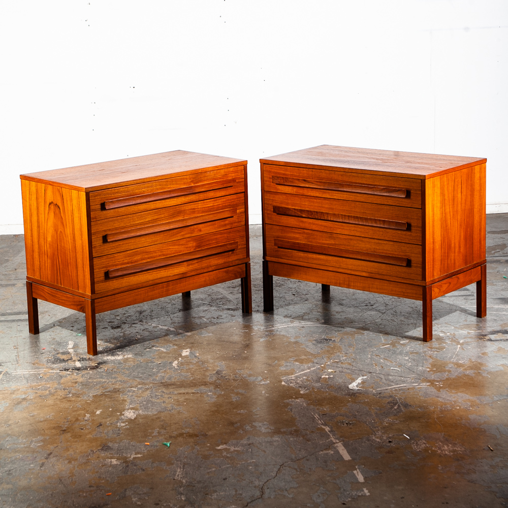 Mid Century Danish Modern Dresser Set Pair Two Chest of Drawers Teak 3 Drawer Wood Denmark Vintage
