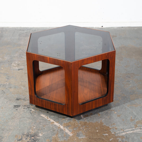 Mid Century Modern End Table Side Hexagon Lane Smoked Glass Nightstand Walnut Vintage Wood Geometrical - Image 2