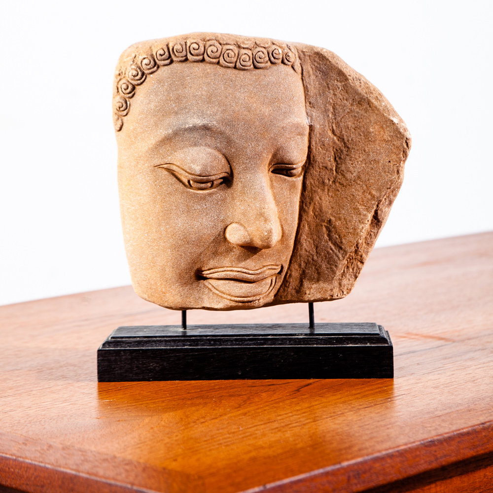 Mid Century Modern Sculpture Art Stone Sculpted Face on Wood Vintage Original Portrait Abstract