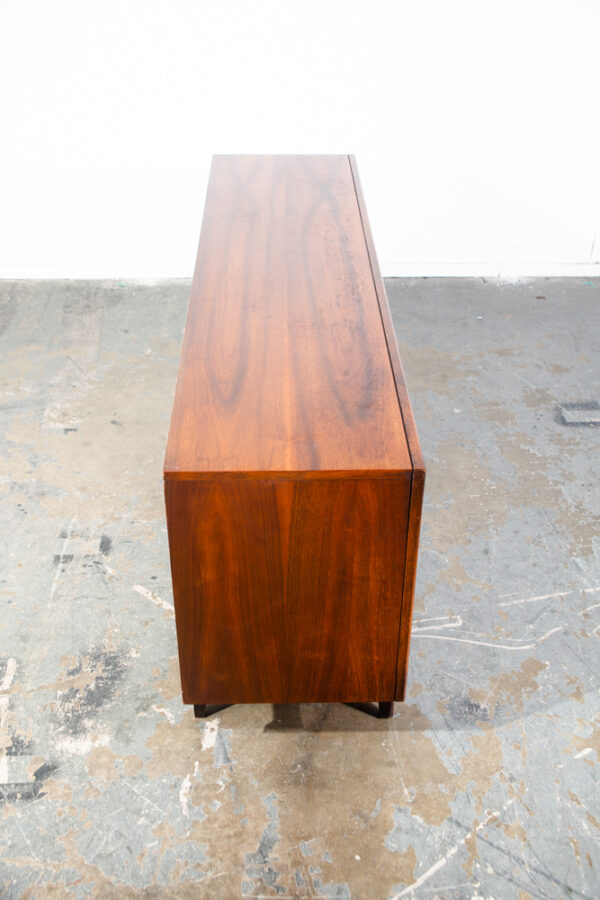 Mid Century Modern Dresser Credenza Kent Coffey 9 Drawer Sculpted Walnut Vintage Danish Large Wide Media Sliding Doors - Image 12