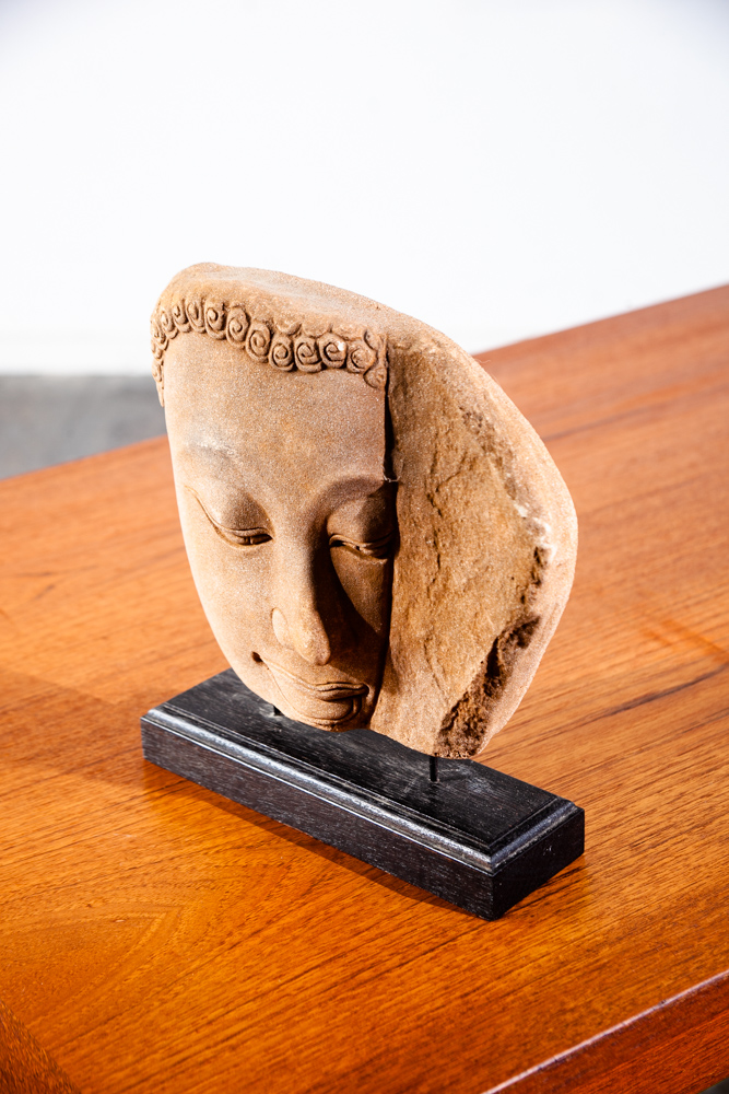 Mid Century Modern Sculpture Art Stone Sculpted Face on Wood Vintage Original Portrait Abstract - Image 6