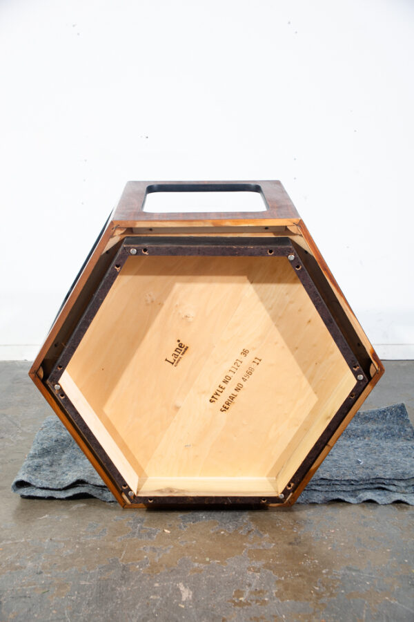 Mid Century Modern End Table Side Hexagon Lane Smoked Glass Nightstand Walnut Vintage Wood Geometrical - Image 4