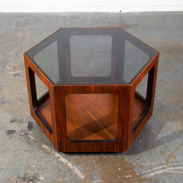 Mid Century Modern End Table Side Hexagon Lane Smoked Glass Nightstand Walnut Vintage Wood Geometrical