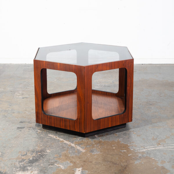 Mid Century Modern End Table Side Hexagon Lane Smoked Glass Nightstand Walnut Vintage Wood Geometrical - Image 6