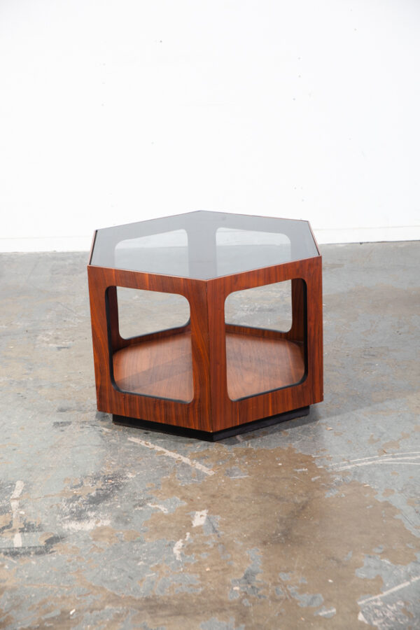 Mid Century Modern End Table Side Hexagon Lane Smoked Glass Nightstand Walnut Vintage Wood Geometrical - Image 11