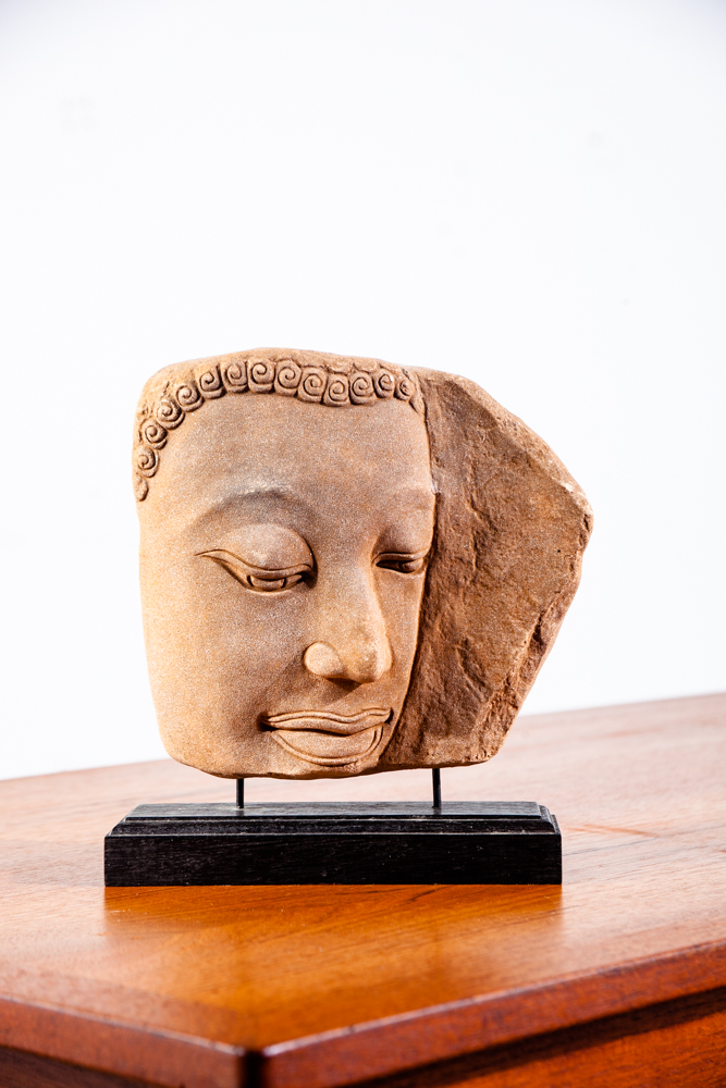 Mid Century Modern Sculpture Art Stone Sculpted Face on Wood Vintage Original Portrait Abstract - Image 9