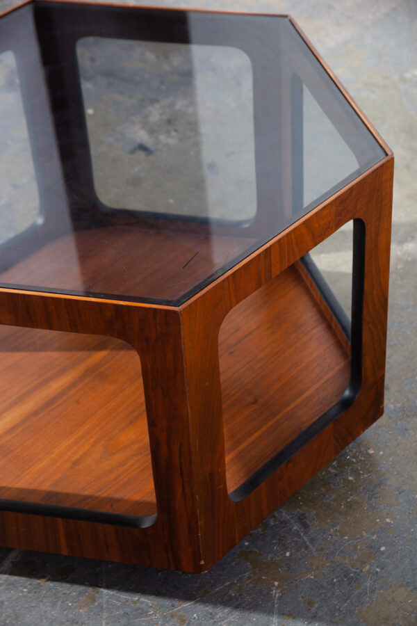 Mid Century Modern End Table Side Hexagon Lane Smoked Glass Nightstand Walnut Vintage Wood Geometrical - Image 12