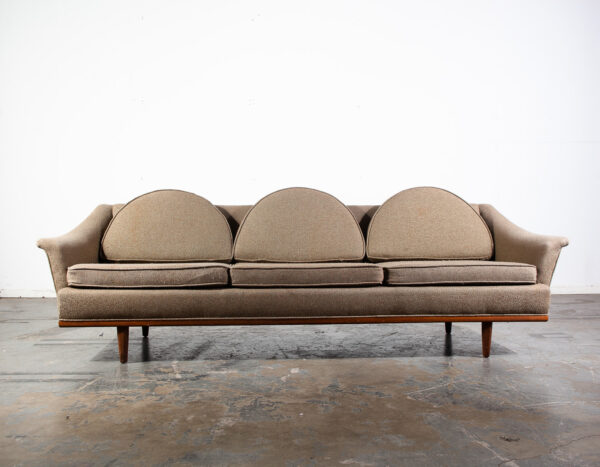 Mid Century Danish Modern Crescent Three-Seat Sofa Grey Tweed Fabric Vintage Solid Walnut Frame American Design