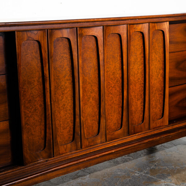 Mid Century Modern Dresser Credenza Kent Coffey 9 Drawer Sculpted Walnut Vintage Danish Large Wide Media Sliding Doors - Image 9