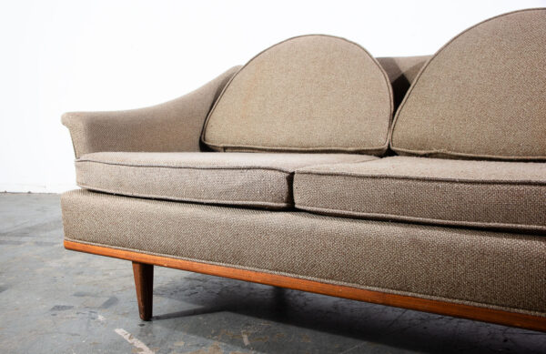 Mid Century Danish Modern Crescent Three-Seat Sofa Grey Tweed Fabric Vintage Solid Walnut Frame American Design - Image 7