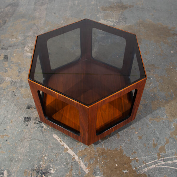 Mid Century Modern End Table Side Hexagon Lane Smoked Glass Nightstand Walnut Vintage Wood Geometrical - Image 3