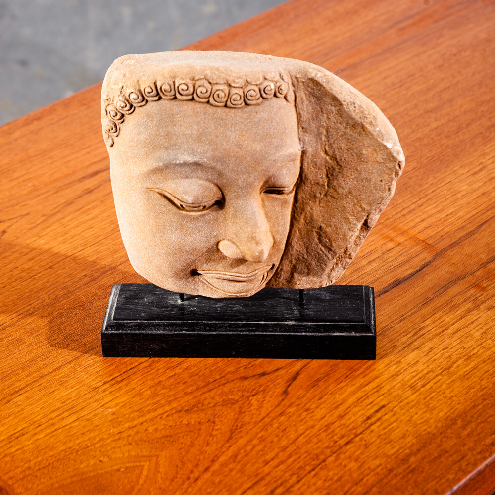 Mid Century Modern Sculpture Art Stone Sculpted Face on Wood Vintage Original Portrait Abstract - Image 2